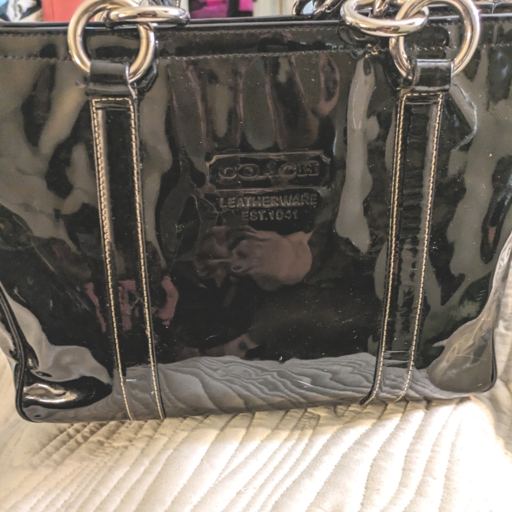 Coach monogram patent leather medium shoulder tote